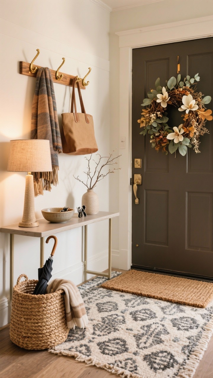 Straight-on medium shot of an entryway designed for cozy first impressions: layered doormats with a patterned rug underneath a natural coir mat; wall hooks in wood or aged brass holding scarves and a tote; a slim console table styled with a small lamp, a ceramic bowl for keys, and a vase of simple branches; a woven basket nearby for umbrellas or throws. Add a tasteful fall wreath in eucalyptus/magnolia/dried florals in muted tones on the door. Warm, inviting lighting.