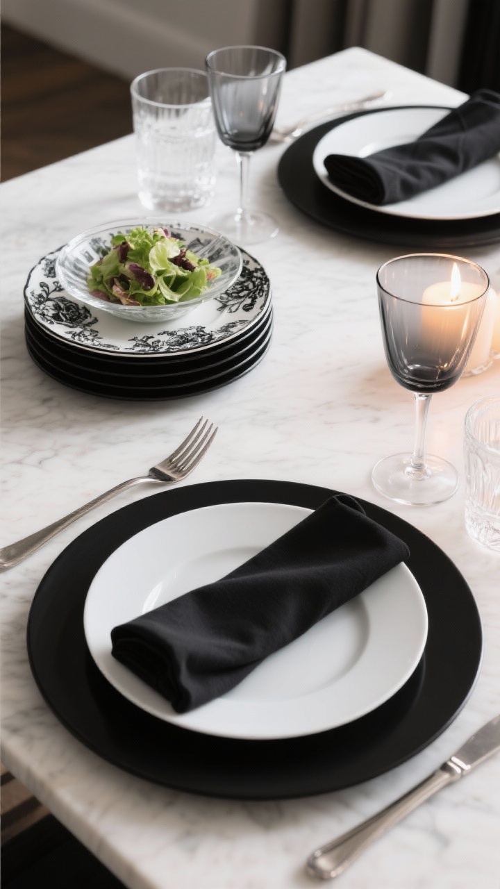 Straight-on medium shot of balanced black dinnerware: black chargers with white dinner plates and a neatly folded black napkin on top; alternate setting shows a matte black dinner plate topped with a clear glass salad plate and metallic flatware; a patterned salad plate option with subtle black toile stacked at one place; smoked glass goblets and clear crystal water glasses catching soft candlelight; overall look is weighty yet airy.