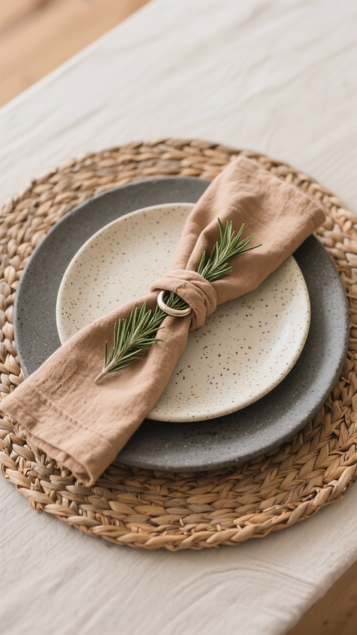 Straight-on medium shot of layered place settings: a woven rattan placemat as charger, matte stoneware dinner plate in slate, speckled cream salad plate on top, and a textured clay-toned napkin knotted with a simple ring; a sprig of fresh rosemary rests on the salad plate, shallow depth of field shows subtle layering and depth, neutral background with wood grain visible.