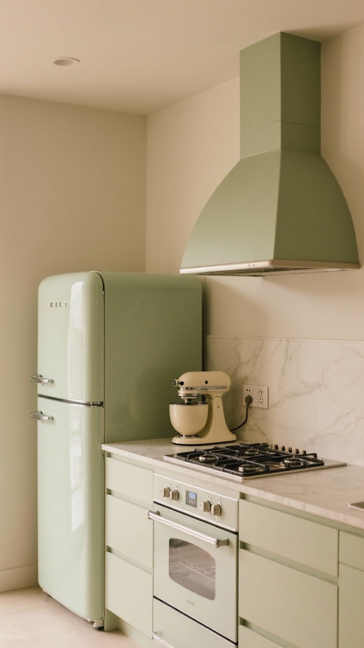 Straight-on medium shot of retro appliances with hidden tech: a rounded-edge fridge in soft sage, a sculptural arched range hood color-matched to the fridge, and a cream-toned toaster and mixer in retro hues on the counter; discreet under-cabinet outlets and an induction cooktop keep it tidy; warm, even lighting to emphasize silhouettes and finish, no people.