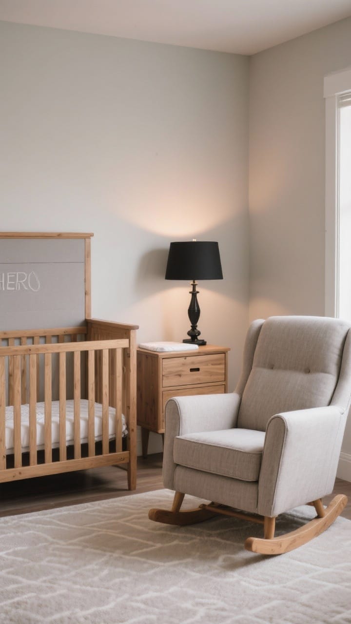 Straight-on medium shot: The hero furniture trio in a nursery—convertible natural wood crib, a standard dresser with a wipeable changing topper and a side table with a drawer. A rock-solid upholstered glider with high arms and a supportive headrest in performance fabric sits beside the side table. Mix of materials: soft upholstery, mixed wood tones, and a touch of matte black metal in a lamp base. Soft evening light for a composed, long-lasting look.