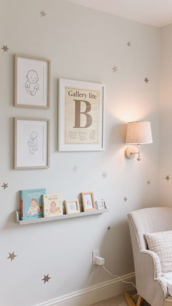 Straight-on wall composition: Clean, personality-driven nursery wall styling. “Gallery lite” arrangement of three to five pieces in coordinating frames—line art, baby’s initial, and a vintage-inspired poster—hung neatly. Below, slim picture ledges display a mix of baby books and small framed prints for easy swapping. Sparse, tasteful wall decals (tiny stars) scattered nearby. A plug-in statement sconce with a fabric shade over the glider corner provides a warm glow; no heavy items near the crib.