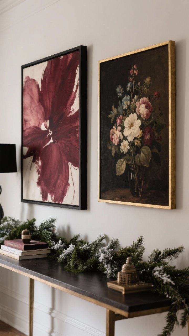Straight-on wall view, medium shot: a seasonal art swap featuring moody prints with burgundy tones—an abstract wash and a vintage oil-style floral—hung above a console dressed with a restrained greenery garland; frames consistent in black and gold for an intentional look; books and subtle decor on the console; soft ambient light with slight shadowing to accent texture; sophisticated, wintery mood.
