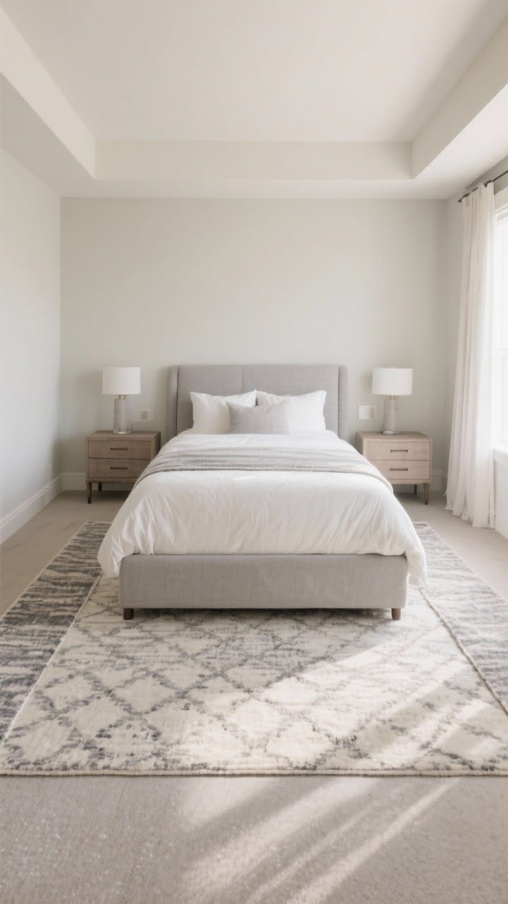Straight-on wide shot of a bedroom centered on rug sizing: a queen bed grounded by a generously sized 8x10 rug starting just under the nightstands, featuring a subtle pattern that hides wear while maintaining a calm vibe; alternative runners shown on either side in a tighter layout; soft grays and creams, balanced composition, diffuse daylight, photorealistic.