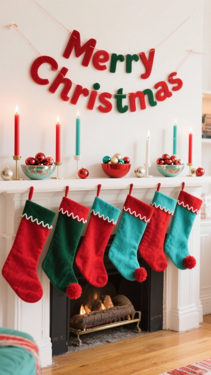 Straight-on wide shot of a vibrant retro mantel using classic mid-century colors: bold red, deep green, and aqua accents; felt stockings with ric-rac trim and pom-poms hanging evenly, tall color-blocked taper candles in red, aqua, and white in simple holders, shiny ornament clusters in bowls and a few mini sets along the mantel edge; a vintage-style velvet or felt “Merry Christmas” banner in matching colors spans the front; bright but warm interior lighting to enhance the saturated hues, minimal clutter, white wall backdrop
