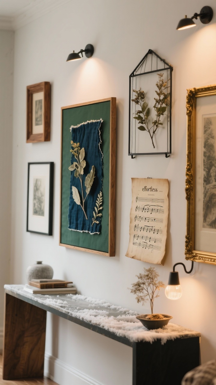 Straight-on wide shot of a winter gallery wall: cohesive palette of warm neutrals, deep greens, and inky blues; mixed media including canvas, a framed fabric fragment, pressed botanicals, and a piece of vintage sheet music; frames in wood, black metal, and antique gold; some pieces hung, others leaned and layered on a console for an intentional “effortless” look; warm accent lighting from picture lights.