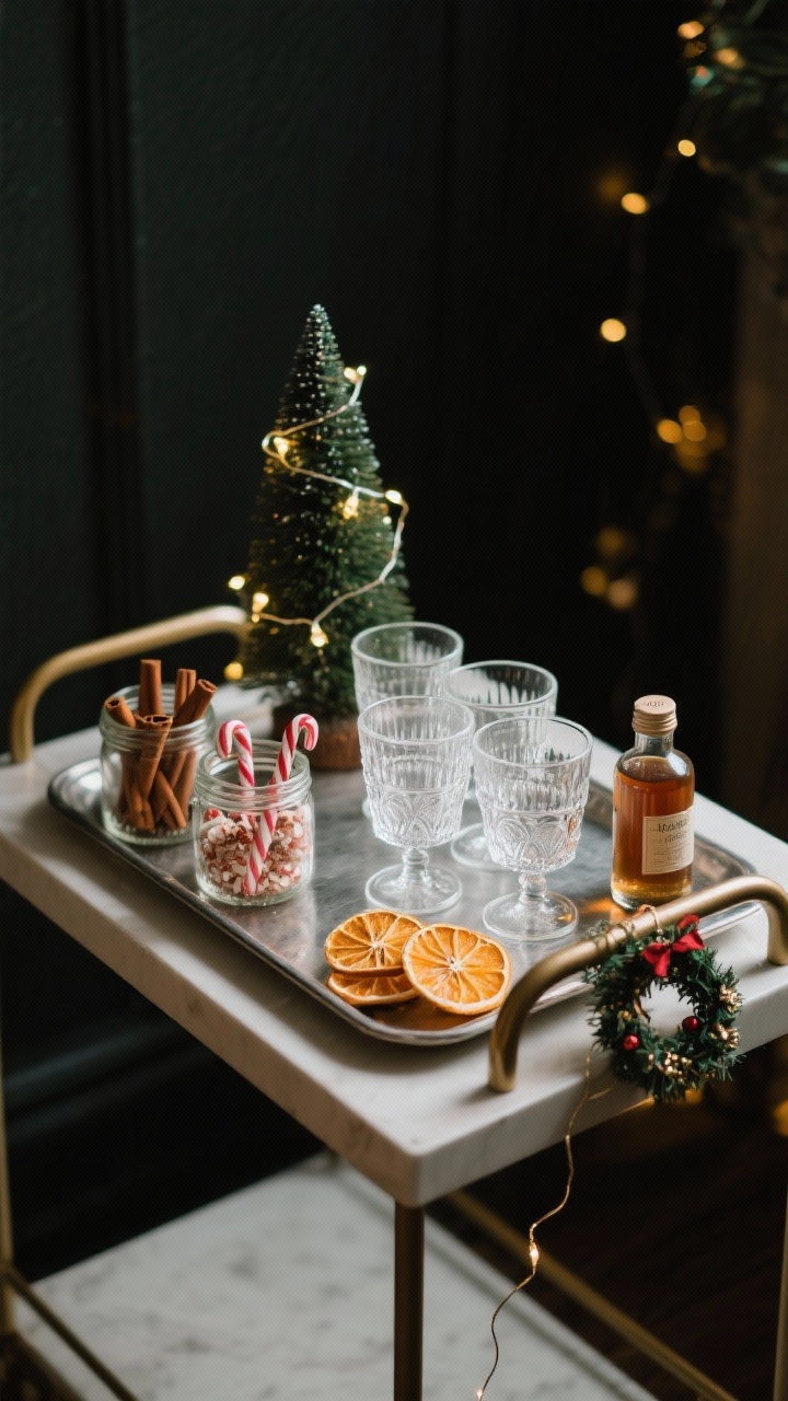 Three-quarter angle medium shot of a compact holiday bar setup on a tray: clear glass mugs and coupe glasses arranged neatly, garnish jars filled with cinnamon sticks, crushed candy cane, and dehydrated orange slices, plus a small bottle of spiced simple syrup. Decorate with a mini tree and a string of fairy lights coiled delicately around the tray handle. Optional tiny wreath on a cart handle if shown. Festive, sparkling highlights against a dark, cozy background.