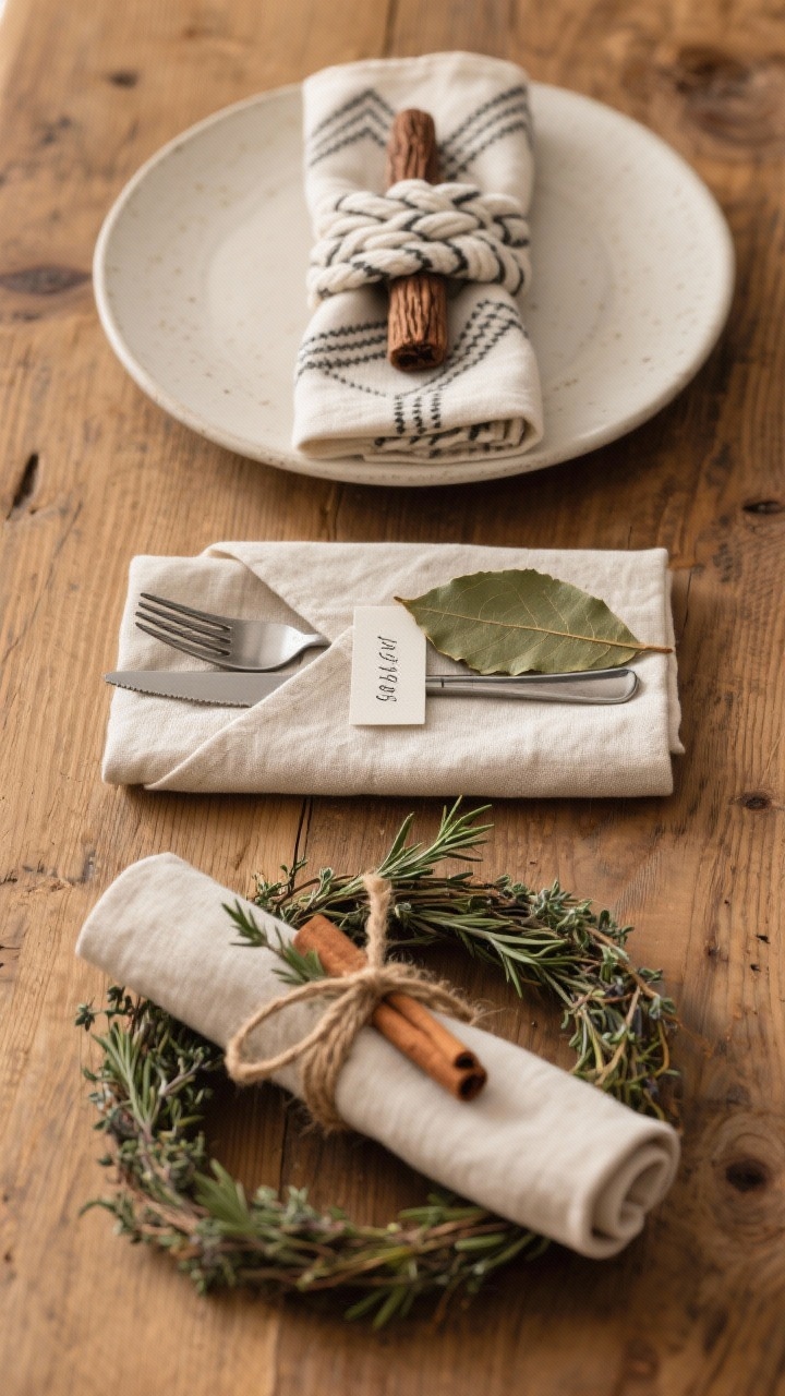 Tight closeup of nature-inspired napkin styling: three variations arranged on a wood table—(1) a Scandi Knot napkin placed center plate with a cedar tip; (2) an envelope-fold napkin holding flatware, finished with a bay leaf name tag; (3) a rolled napkin encircled by a mini wreath of thyme/rosemary; optional jute twine and a cinnamon stick with rosemary sprig; tactile linen texture under warm ambient light.