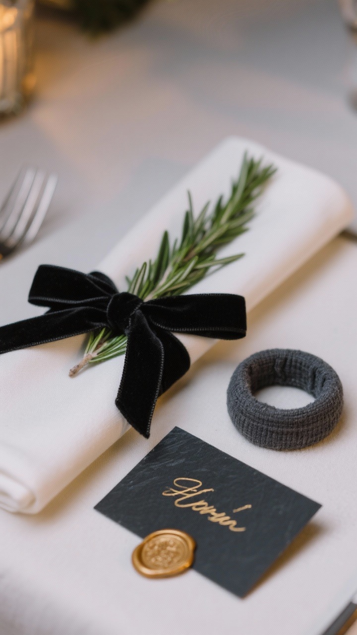 Tight closeup on napkin styling and place cards: a crisp white napkin tied with a narrow black velvet ribbon, a fresh sprig of rosemary tucked beneath the bow; nearby, a charcoal linen napkin ring option; a slate place card with a guest name handwritten in a metallic gold marker; an alternative black cardstock place card finished with a tiny gold wax seal; shallow depth of field and soft evening light.