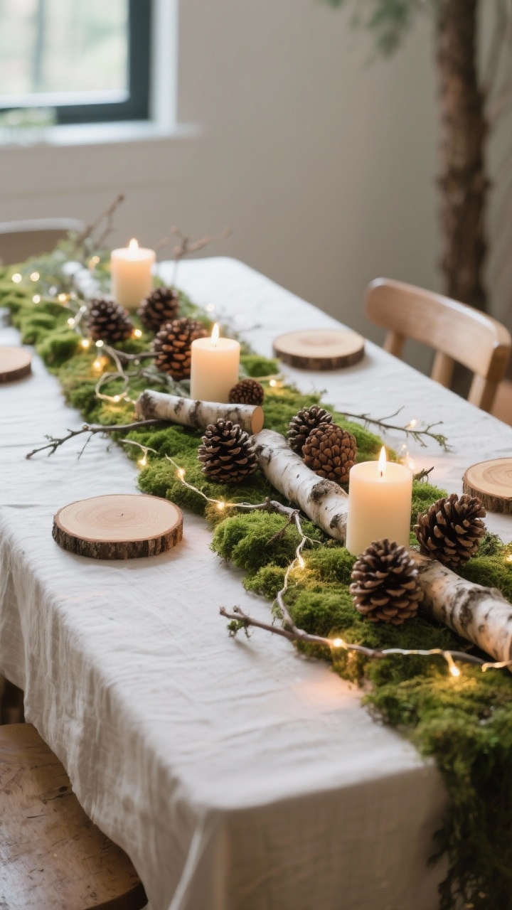 Wide centerpiece view from a corner angle: a woodland tablescape featuring a preserved moss runner down the center, candles perched on small wood coasters, clusters of pinecones in odd numbers and varied sizes, and birch logs/foraged twigs intertwined with delicate warm fairy lights; neutral palette, calm organic feel, cozy glow; no other decor distractions.