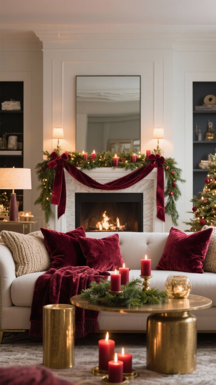 Wide, cohesive holiday living room scene that ties the look together: curated palette featuring deep burgundy accents—velvet ribbons on the mantel garland, burgundy pillows and a throw on the sofa, a few burgundy candles, and restrained metallics in gold and champagne; mixed textures (velvet, knit, greenery) and tight color story; evening candlelight layered with warm ambient lighting; elevated yet approachable, no people.