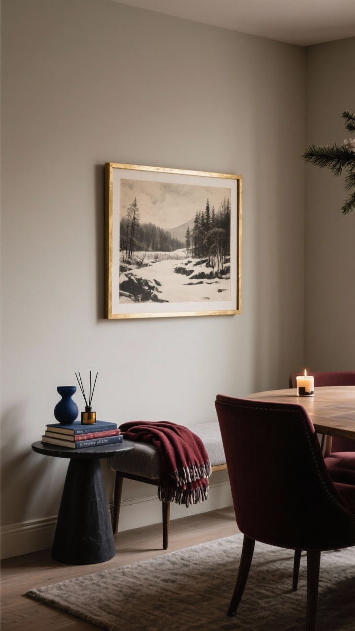 Wide corner shot featuring subtle seasonal art and accents: a dining room wall with a winter print (vintage landscape or moody abstract) swapped into a brass frame, a bench with folded throw blankets, a side table styled with books and objects in navy, oxblood, and charcoal, and a discreet diffuser or candle suggesting clove/fir/cedar/vanilla; overall quiet luxury with warm, low lighting.