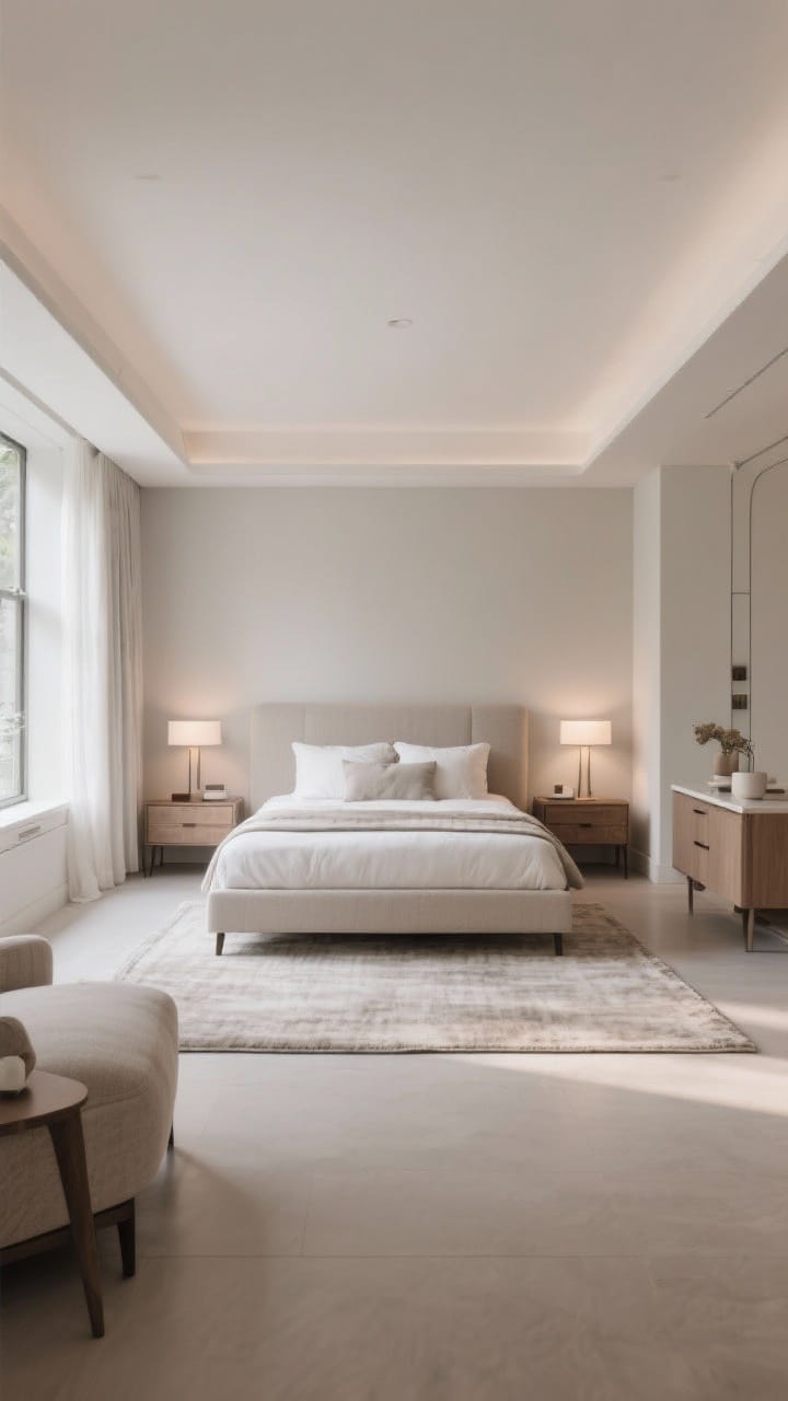 Wide, editorial-style bedroom shot summarizing the layout principles: a balanced space with a centered headboard, appropriate-scale nightstands, layered lighting, a correctly sized rug, and integrated storage pieces; clear walking flow and zoned areas, neutral palette with soft textures, natural light enhancing a calm, intentional atmosphere; no people, photorealistic.
