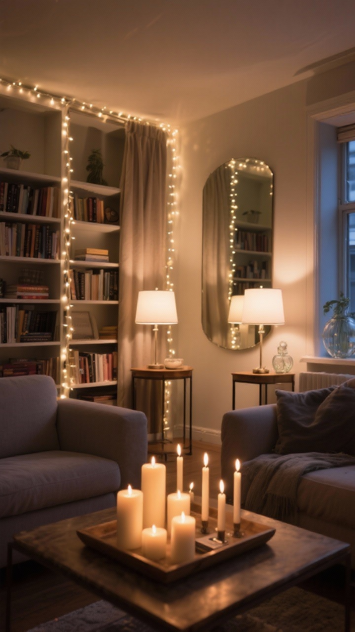 Wide evening shot of an apartment living area with a layered glow plan: warm-white LED string lights run along a bookshelf and curtain rod, two table lamps with 2700K soft white bulbs casting cozy pools of light, and a cluster of pillar candles of varying heights on a tray (battery-operated realism); lights placed near a wall mirror and glass decor to reflect and double the sparkle; rich but gentle illumination, no glare; no people, photorealistic