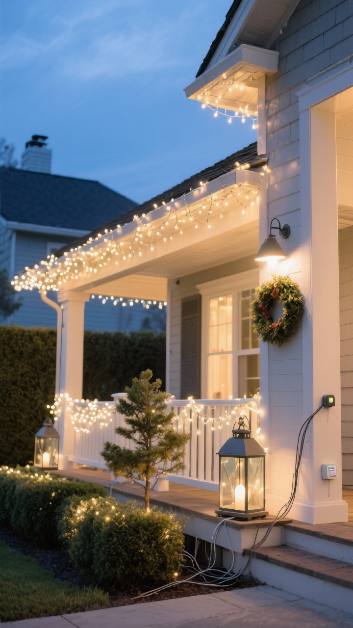 Wide exterior shot at blue hour showcasing layered lighting: warm white string lights crisply outlining the roofline and eaves; uniform mini net lights sparkling over hedges; delicate fairy lights twined around porch rails and glowing inside glass lanterns; a soft spotlight uplighting a wreath and a small tree; include unobtrusive smart plug/timer near an outlet; cohesive warm white glow, realistic cables managed neatly, photorealistic.