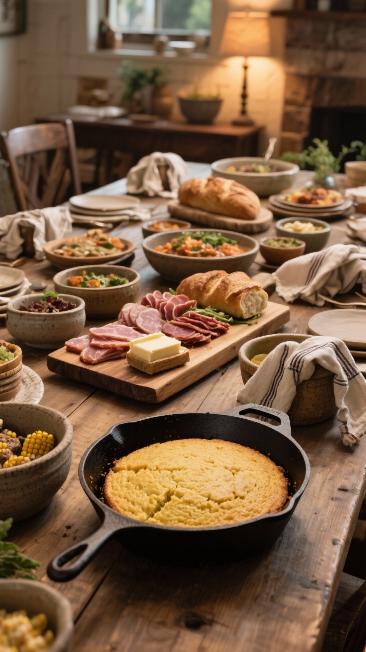 Wide family-style serving scene: cast-iron skillet of cornbread set directly on the table, large wood boards carrying charcuterie and a rustic bread-and-butter flight, hefty stoneware bowls filled with sides, linen tea towels looped around hot handles; dishes arranged for easy passing, abundant and nostalgic mood under cozy, warm ambient lighting.