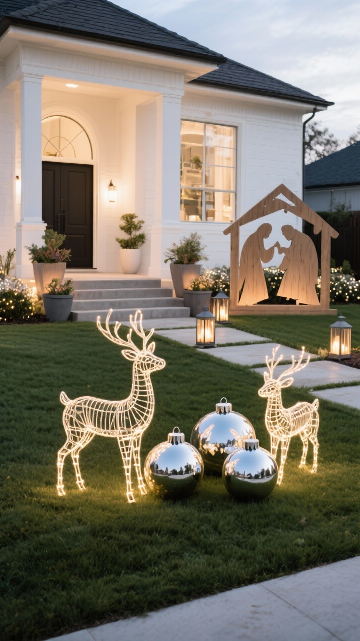 Wide front yard scene with restrained statement decor: two illuminated wire reindeer positioned on the lawn, classic and elegant; a trio of oversized glossy ornaments arranged like giant baubles near the steps; a simple wooden nativity silhouette off to one side for balance; nearby planters and lanterns to anchor the display so it feels intentional; warm white lighting, gentle shadows, no inflatables overload, photorealistic.
