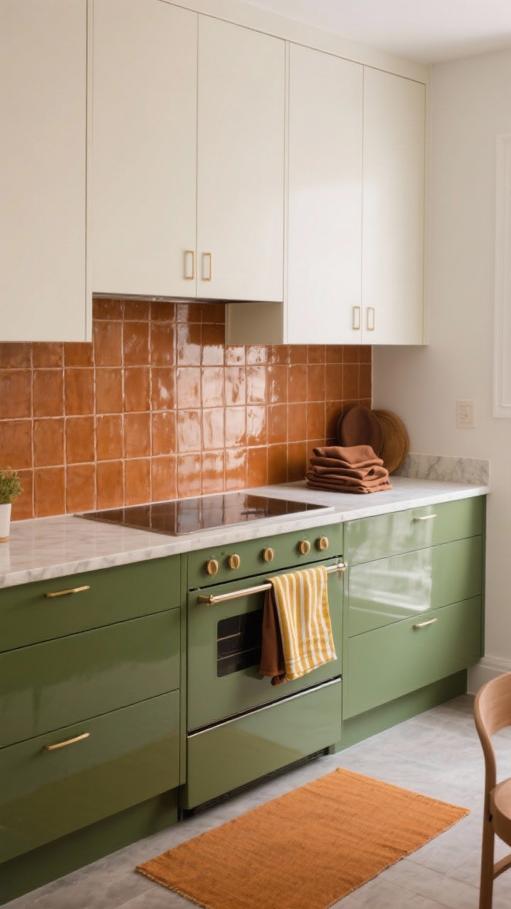 Wide kitchen shot: a modern 70s-inspired space with lower cabinets painted olive green and crisp white upper cabinets, creamy white walls, and a warm terracotta-glazed tile backsplash with subtle shine; creamy quartz counters, mustard-striped tea towels on the oven handle, cocoa-brown cloth napkins in a small stack, and an ochre runner on the floor; neutral greige accents keep it chic and intentional, no people, soft natural daylight for a cozy, luxe feel.
