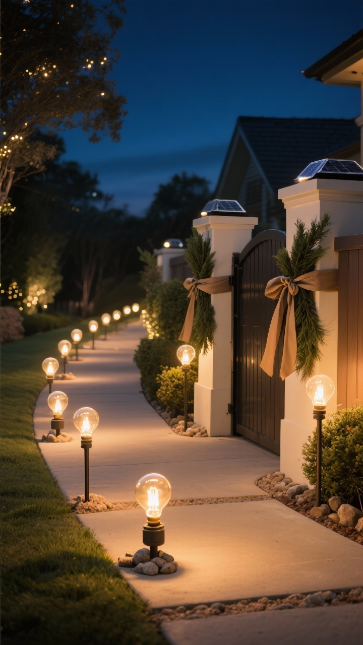 Wide, low-angle view of a magical pathway at night: stake lights shaped like vintage bulbs lining a curved sidewalk; sturdy ground lanterns weighted with sand or stones casting warm pools of light; evergreen bundles tied with thick ribbon on fence posts and a gate topper; discreet solar puck lights tucked under shrubbery for subtle uplighting; safe, inviting sparkle with balanced illumination, photorealistic.