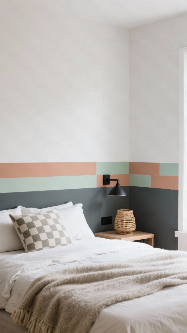 Wide minimalist bedroom with subtle Minecraft nods through color blocking and texture: a wide horizontal painted stripe at chair-rail height encircling the room; palette set to Overworld Calm (sage, clay, charcoal, soft white); materials include linen bedding, a wool throw, rattan lamp, matte black hardware; small-scale square/grid patterns on a cushion; soft diffuse daylight; photorealistic, straight-on.