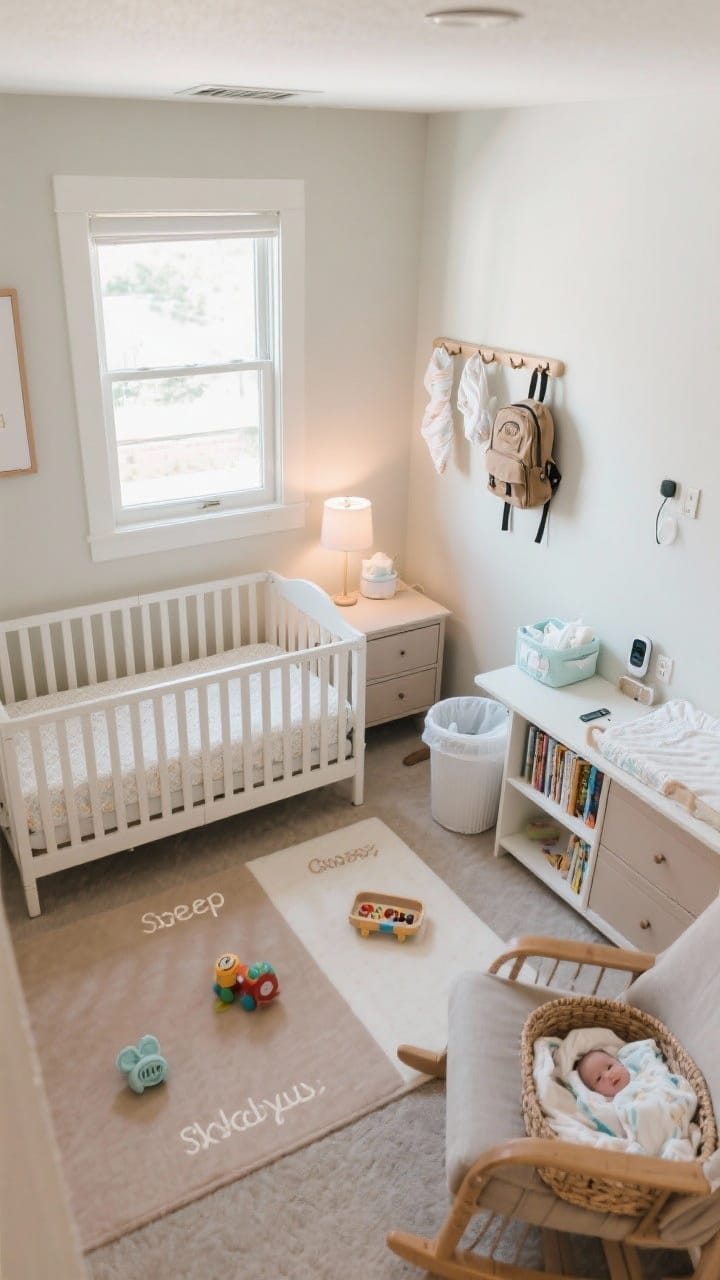 Wide overhead layout shot: A compact nursery divided into clear zones labeled visually. Sleep zone: crib placed away from a window and vent, with a small dimmable table lamp nearby. Change zone: dresser with topper, diaper caddy, and a lidded trash can; wipes placed within easy reach. Feed zone: glider near an outlet with a sound machine and phone charger; basket of burp cloths beside it. Play zone: low, forward-facing bookshelf and a soft mat with a few toys. Peg rail with swaddles and a tiny backpack along one wall. Soft, even daytime lighting.