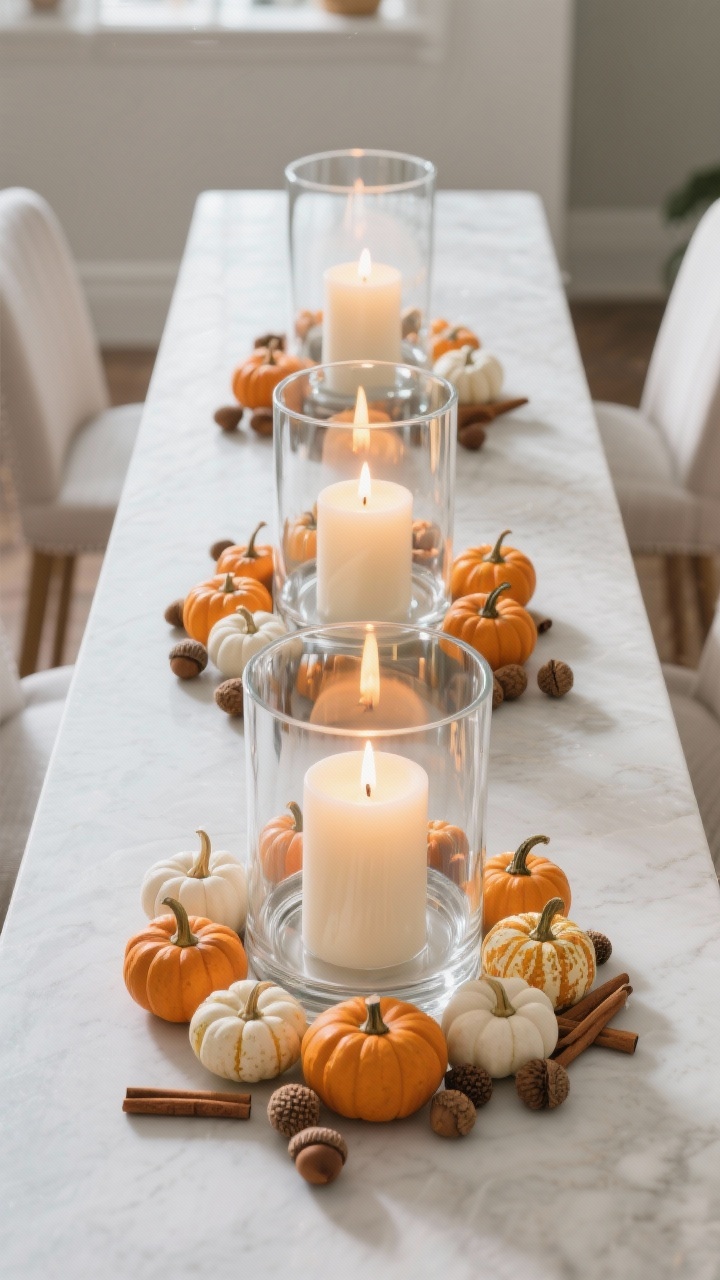Wide, overhead shot of three glass hurricanes in varying heights on a narrow dining table, each with unscented pillar candles lit. The bases are circled with mixed mini pumpkins in orange and white, scattered acorns and cinnamon sticks adding texture. Clean, elegant look with a cozy candlelit ambiance; glossy glass reflections and warm shadows.