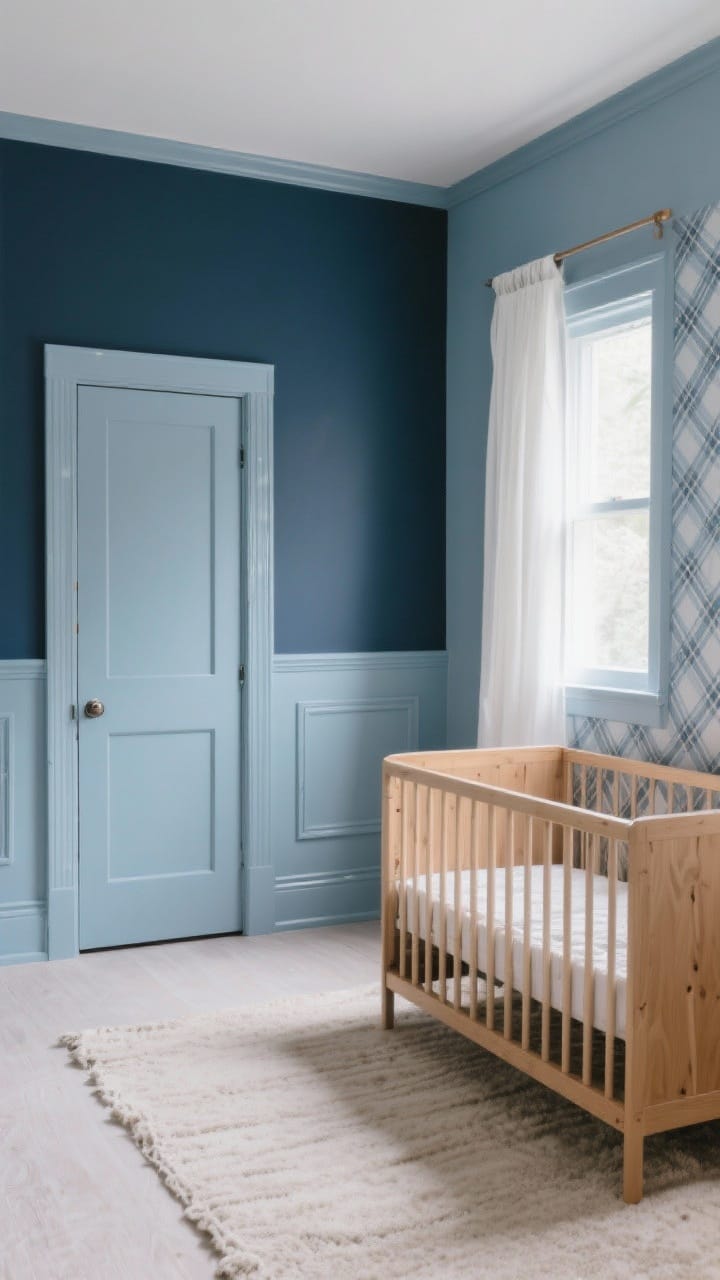 Wide room shot: A cozy boy nursery with soft, purposefully painted walls—dusty blue on the upper two-thirds and muted navy on the bottom third with picture-frame molding; color-drenched trim and door in the same dusty blue for a cocooned feel. Include a subtle plaid stencil accent wall visible on one side. Natural wood crib, neutral rug, and simple white curtains. Soft, diffused morning light enhances the calm palette; no people.