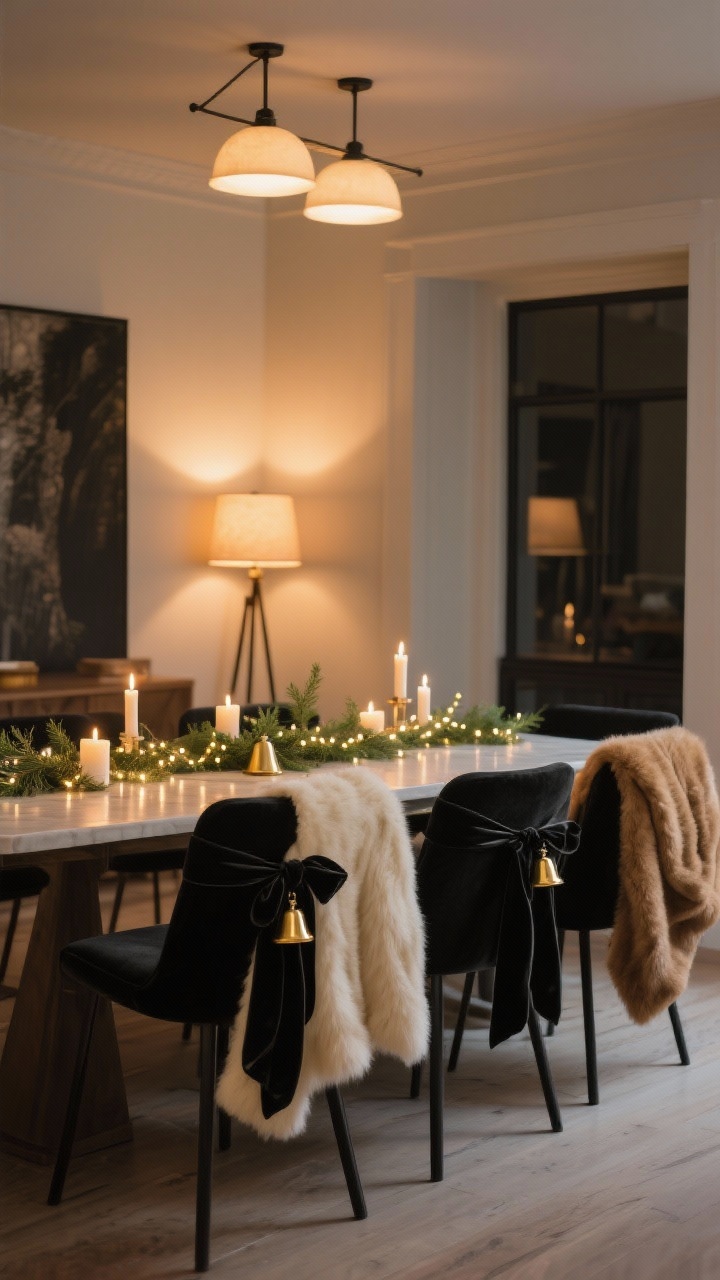 Wide room shot capturing ambient lighting and chair flair: overhead lights dimmed, table illuminated by candles and a nearby floor lamp with a warm 2700K bulb. A micro-LED garland threads softly down the table and discreetly wraps chair backs for a gentle twinkle. Chairs feature tied black velvet ribbons with small sprigs of greenery or a gold bell; end chairs draped with faux fur throws in black, cream, or camel for winter warmth. Cozy, cinematic mood, photorealistic, no people.