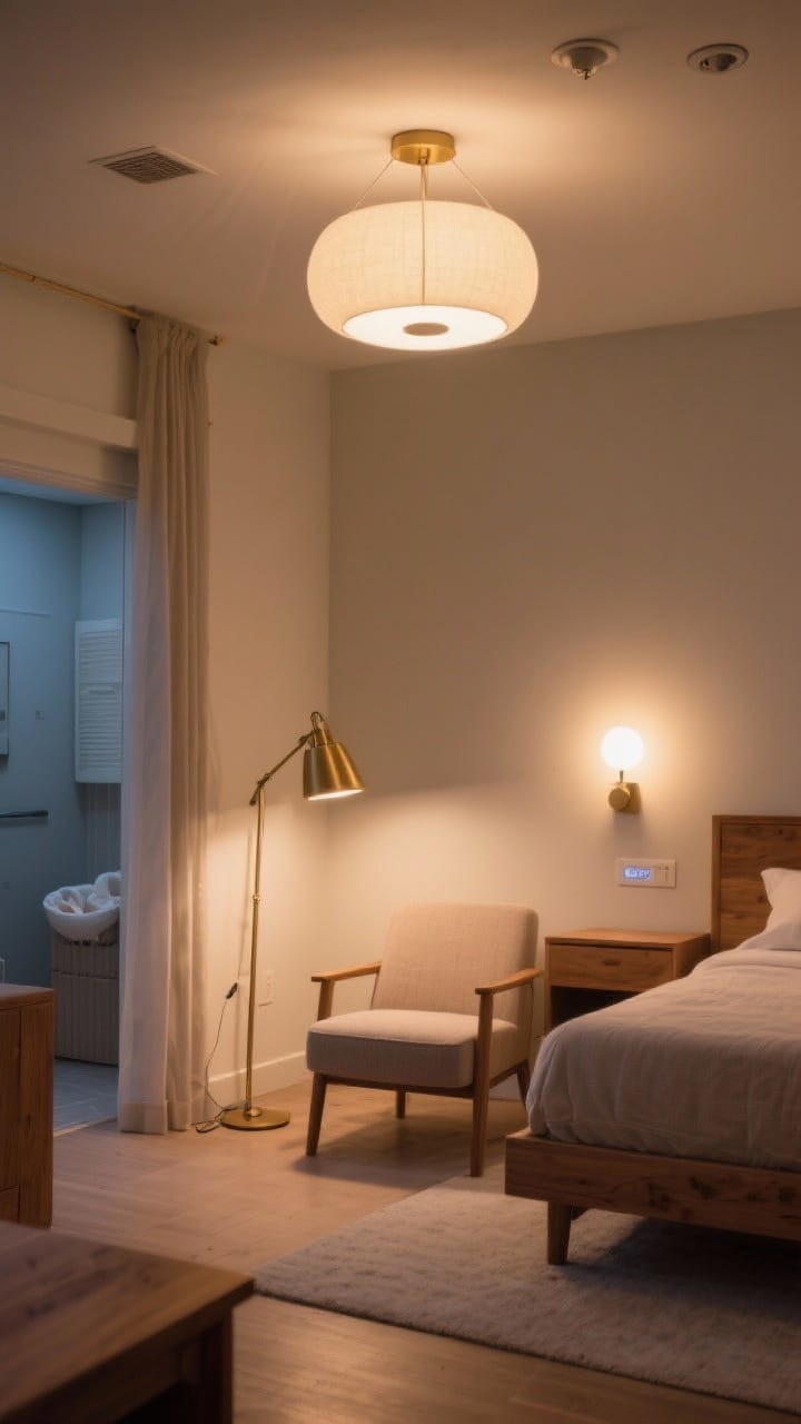 Wide room shot emphasizing layered lighting: a soft pendant or flush mount overhead on a dimmer, a brass task floor lamp by the chair, and a discreet motion-sensing nightlight near the changing area. Warm bulbs at 2700K–3000K cast a cozy glow over neutral walls and natural wood furniture. Show dimmed evening mood for bedtime, photorealistic.