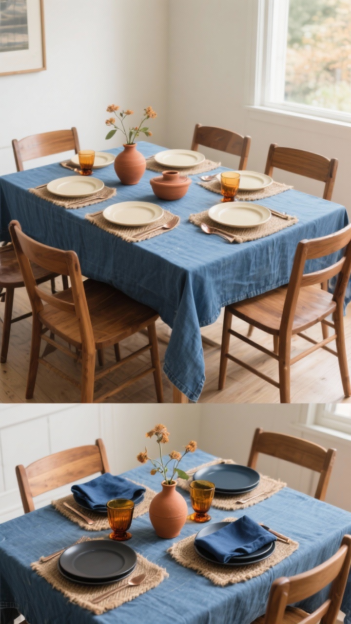 Wide room shot from a corner angle showcasing a blue-focused table paired with earthy neutrals: a denim tablecloth, warm wood table and chairs, jute placemats, terracotta bud vases, cream dinner plates, and copper flatware. Include a second vignette on the same table showing ink-blue napkins with charcoal plates and amber glassware to illustrate the palette mix. Keep blues within 2–3 shades. Natural daylight with a warm tone, grounded and seasonal mood, photorealistic, no people.
