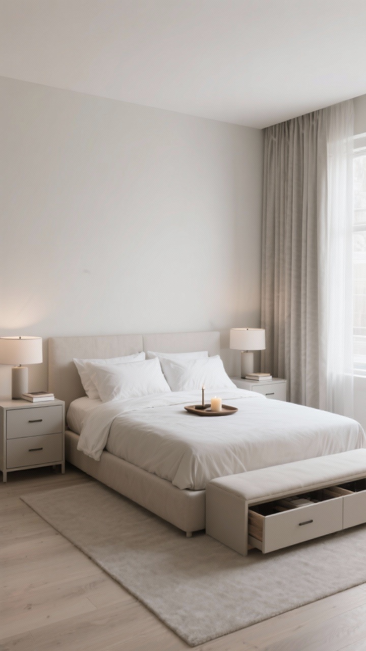 Wide room shot from a corner: Streamlined layout for calm—bed centered on the focal wall with generous matching nightstands and symmetrical lamps, closed storage nightstands and a storage bench at the foot to conceal clutter, under-bed drawers partially visible; high-and-wide mounted curtains elongate the window and filter light beautifully; surfaces edited with just a tray, a candle, and a book; serene, photorealistic.