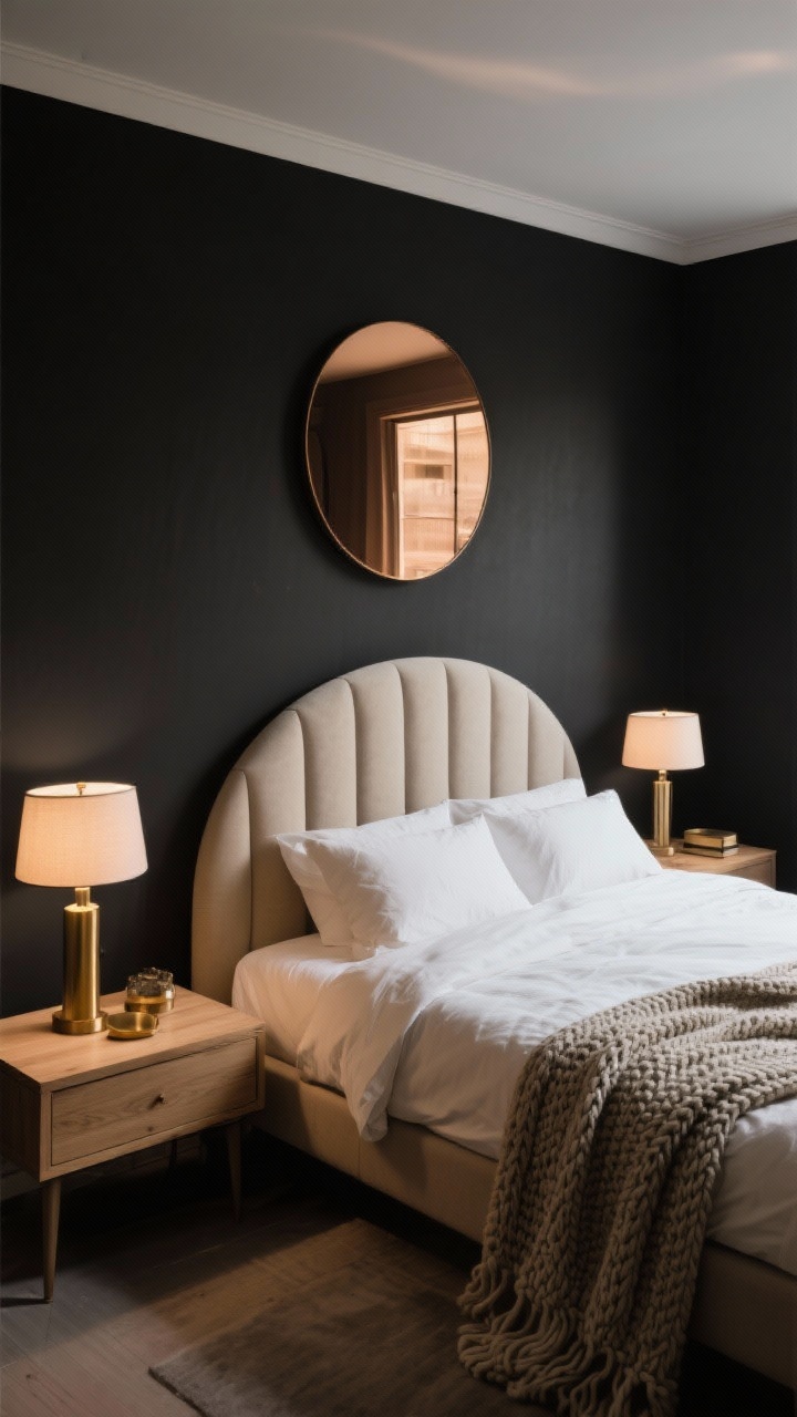 Wide room shot: Soft-black bedroom rendered cozy, not stark—warm-undertone charcoal walls, creamy bedding, light oak nightstands, and brass accents; shapes are rounded and soft: a curved upholstered headboard, round bedside lamps, and a chunky knit throw easing edges; a large bronze-tinted mirror reflects light while maintaining mood; gentle evening illumination, photorealistic.