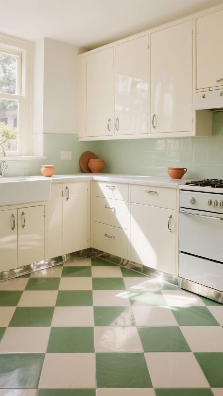 Wide shot: A bright retro kitchen featuring a bold checkerboard floor in cream and green, paired with sleek flat-front cabinets in warm white, polished chrome hardware, and a subtle off-white tone to soften contrast; natural morning light streams across the floor, crumbs visually disguised by the pattern; large-format tiles for a slightly modern feel, smooth vinyl surface texture, chrome toe-kicks, and a hint of terracotta ceramics on the counter for warmth.