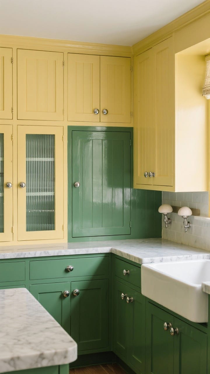 Wide shot: A cabinet makeover scene with two-tone paint—darker pistachio green lowers and lighter buttery yellow uppers—plus beadboard door fronts on select cabinets; polished chrome cup pulls and mushroom knobs mix for vintage flair; a few doors showcase ribbed/reeded glass inserts for nostalgic texture; glossy lacquer finish adds mid-century sheen; neutral quartz counters balance the color.