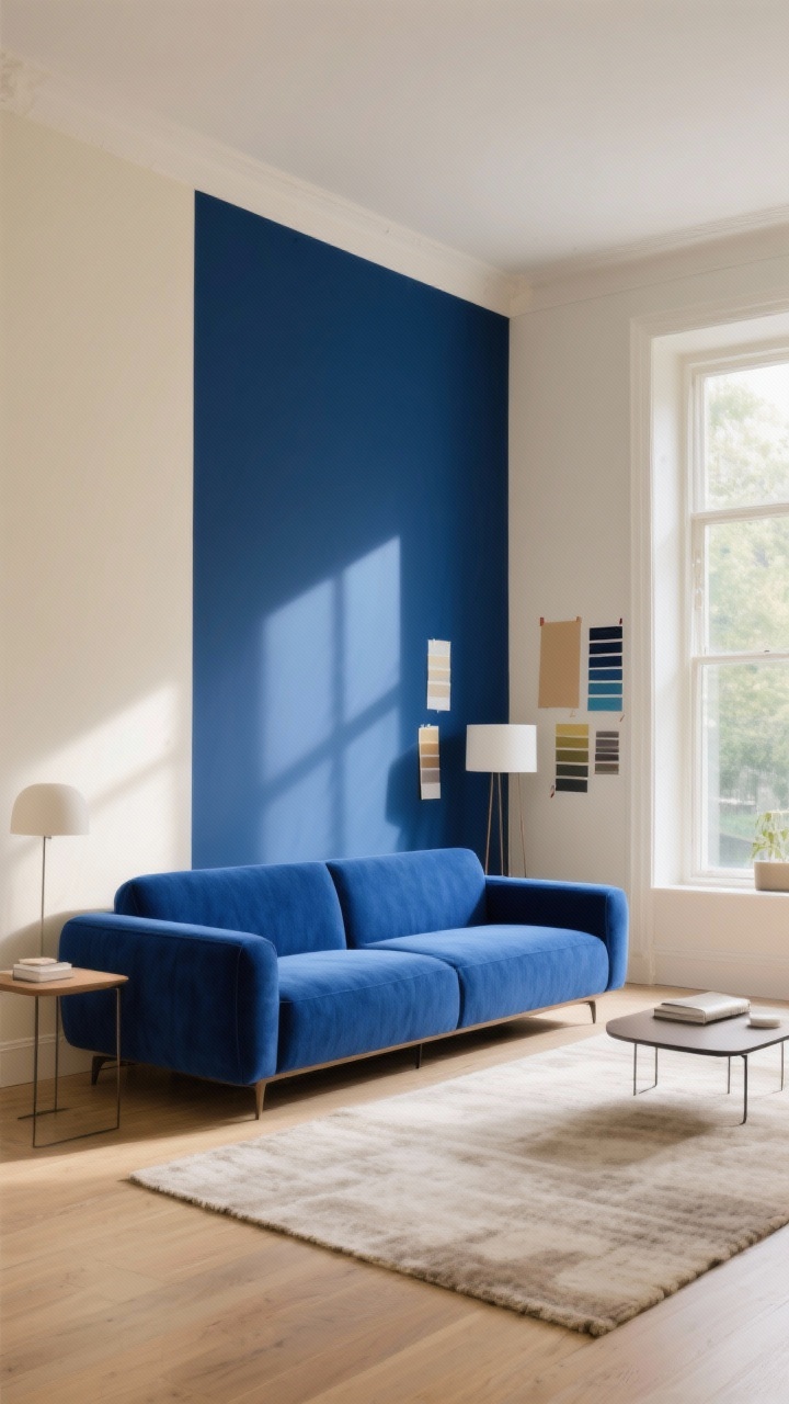 Wide shot: A contemporary living room anchored by a navy blue accent wall and a cobalt blue statement sofa, bathed in good natural daylight from large windows. Warm cream walls on remaining sides, neutral rug, minimal decor to highlight the bold blue foundation. Include paint swatches taped to different walls catching morning/noon light variation. Mood: cozy yet polished, photorealistic, straight-on perspective.
