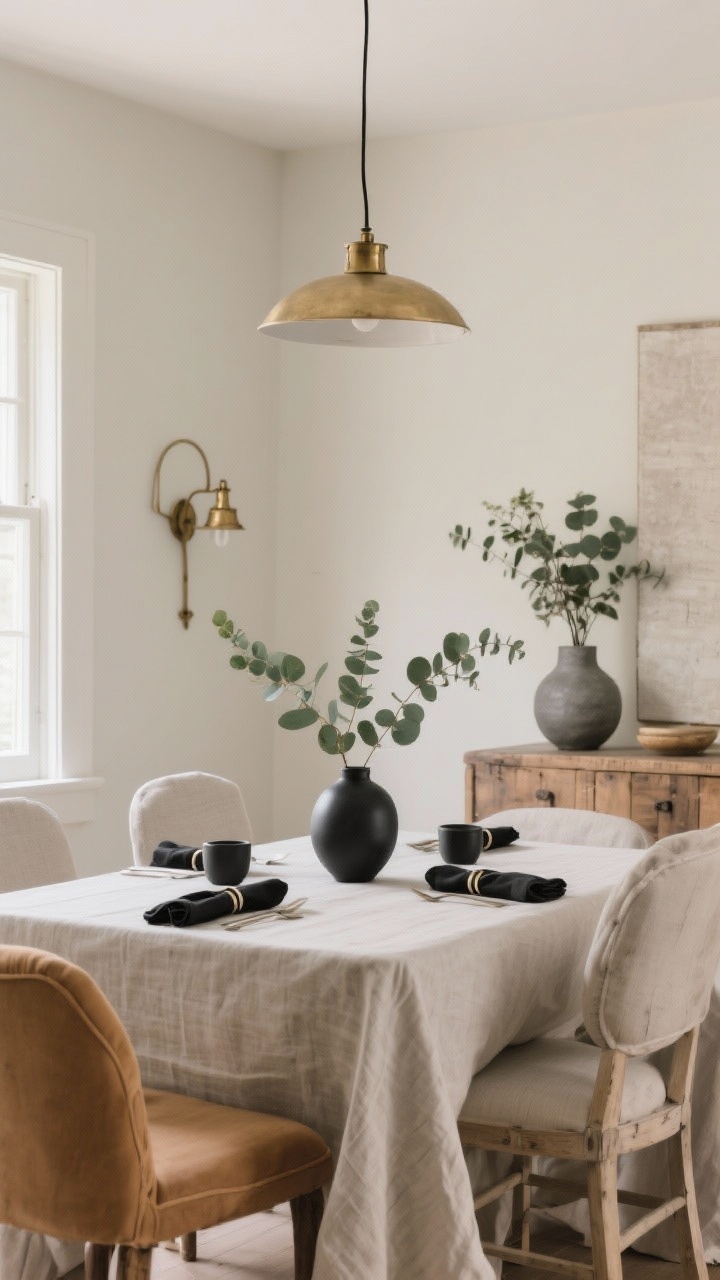 Wide shot — A serene dining scene with a cozy neutral palette: creams, tans, camel, driftwood gray, and soft greige dominating the room. Table accents include matte black napkin rings and a small charcoal ceramic bud vase used sparingly for contrast. Style options shown together: antique brass touches for Warm + Elegant, matte black elements with soft eucalyptus green for Modern Cottage, and aged wood with stone-gray ceramics for Earthy Minimal. Even daylight, balanced tones.