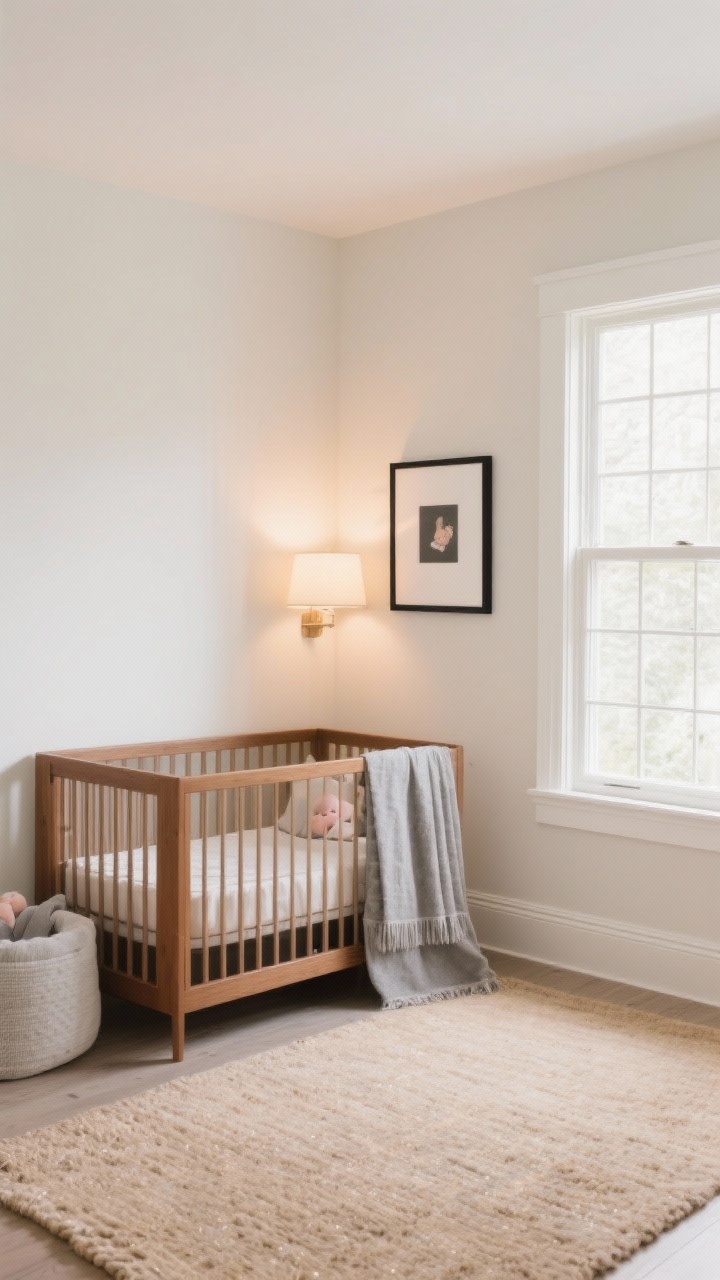 Wide shot: A serene neutral nursery with ivory walls tested under both daylight from a large window and warm lamplight, showcasing a calm-first palette. Include an oat-colored rug, a caramel wood crib with clean lines, and warm white trim. Add soft gray accents through textiles, and a touch of black in a picture frame for balance. The overall mood is bright, peaceful, and nap-friendly, with colors limited to warm whites, creamy taupes, soft grays, and earthy beiges.