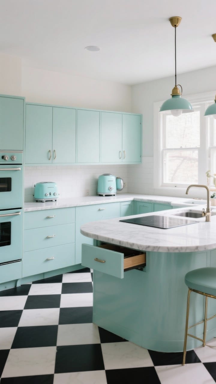 Wide shot balancing eras: A streamlined retro-modern kitchen with a black-and-white checkerboard floor, pastel aqua small appliances, and schoolhouse pendant lights; sleek quartz countertops and an induction cooktop pair with curved cabinet profiles and rounded island corners for softness; surfaces kept simple so hero elements sing; soft-close drawers visible in a partially open cabinet; bright, even daylight for a fresh, livable feel.