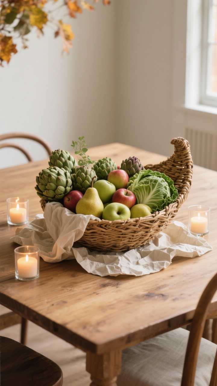 Wide shot, corner angle of a wooden dining table featuring a woven basket centerpiece overflowing like a modern cornucopia. Inside: apples, pears, artichokes, and ornamental cabbages arranged over a crumpled paper base to elevate the contents. Linen or gauzy fabric is woven through for softness. A tight palette of greens and creams sets the tone. At the basket edges, glass votive candles glow warmly (safely positioned). Autumnal daylight with a warm tint, photorealistic, no people.
