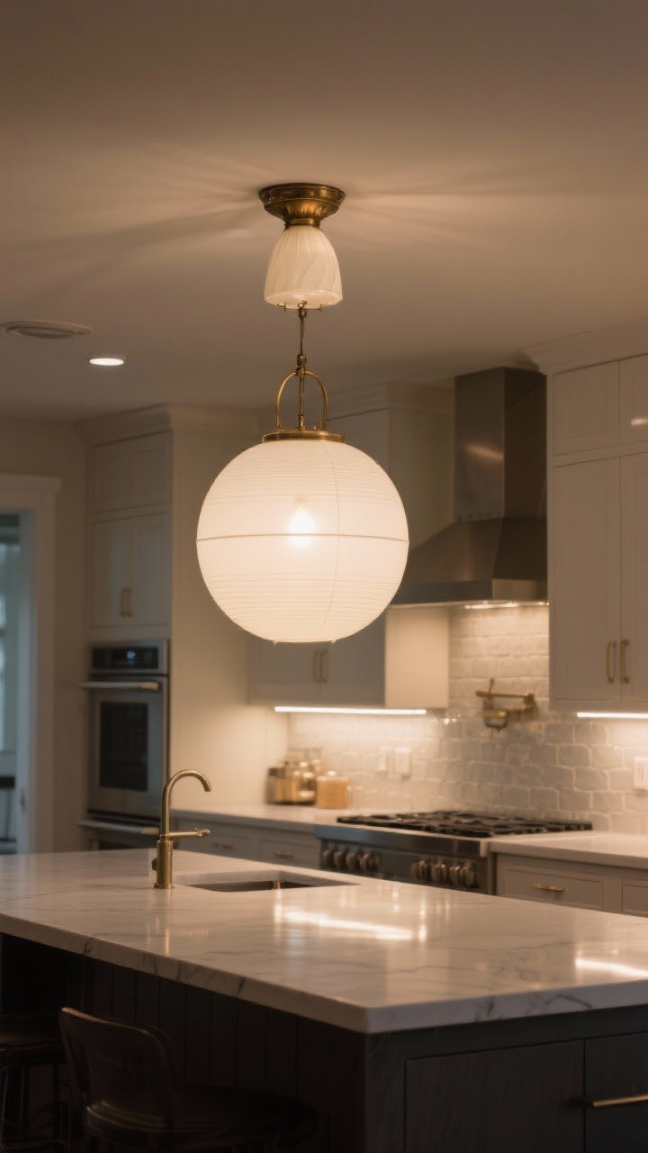 Wide shot emphasizing lighting layers: one oversized milk-glass globe pendant centered over the island, paired with under-cabinet LED task lights creating a gentle wash on the backsplash, and a ceiling flush-mount with milk glass and aged brass; all bulbs at 2700–3000K for warm glow; reflective highlights on counters but no glare, moody yet functional, no people.