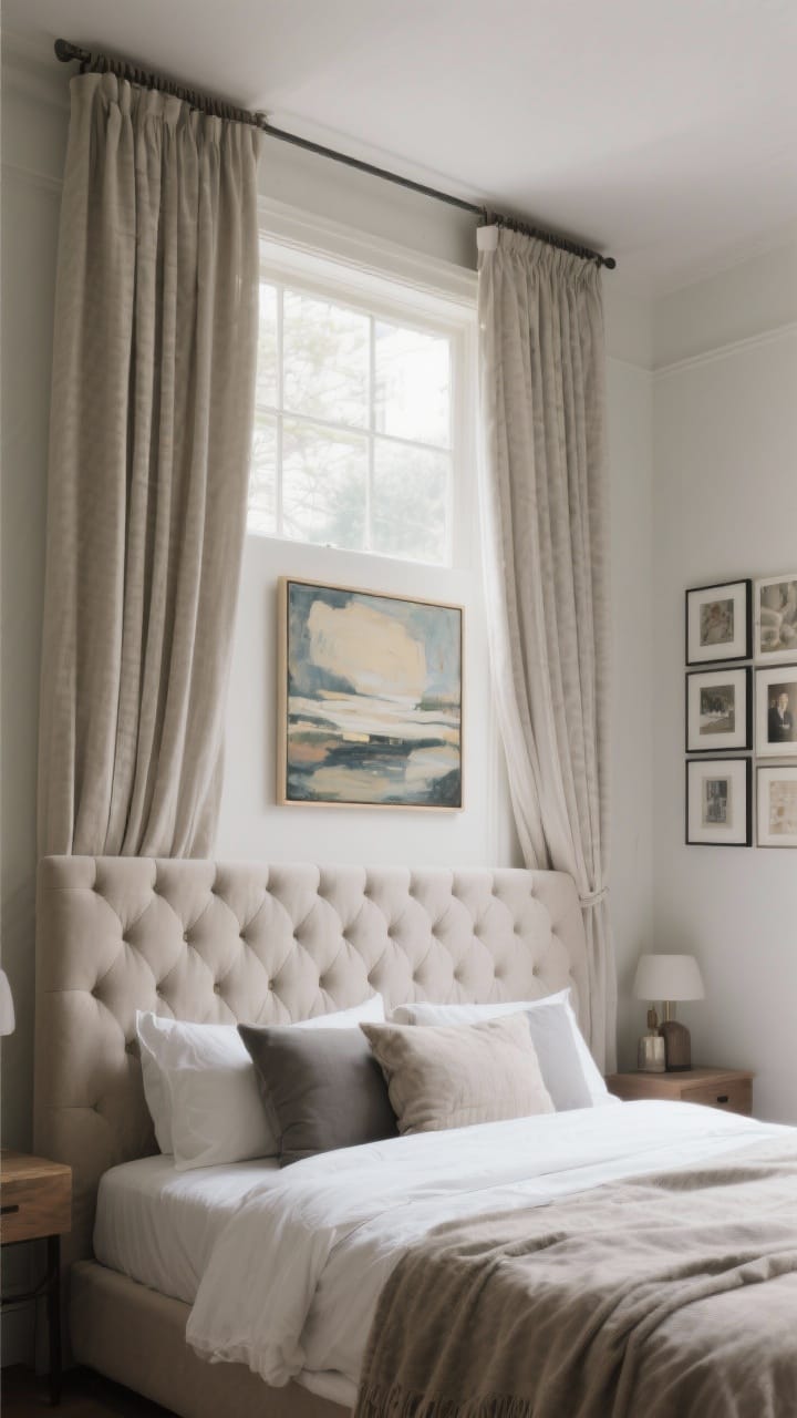 Wide shot emphasizing scale and height: a tall, statement upholstered headboard drawing the eye upward, ceiling-height drapes hung wide to make the window feel expansive, and one oversized art piece above the bed instead of a busy gallery wall; balanced proportions in a small-to-medium room, muted palette, gentle morning light, photorealistic.