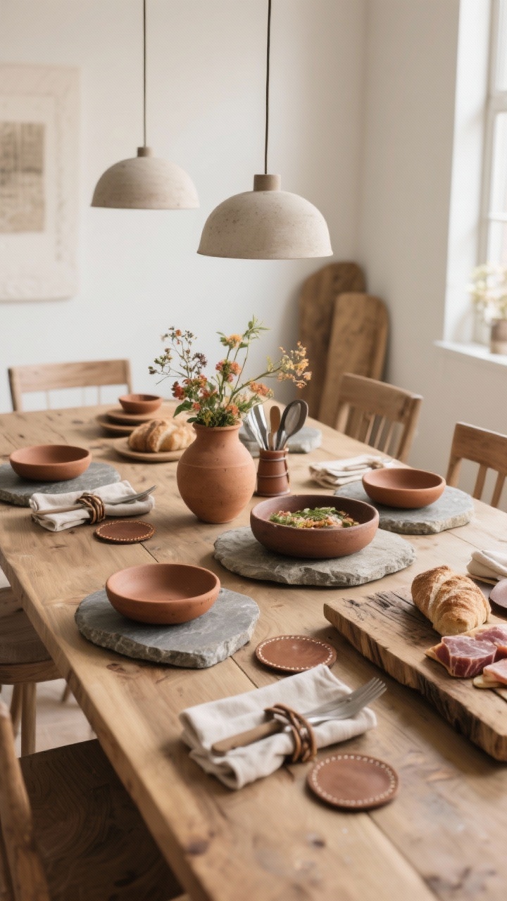 Wide shot grounding the table with natural materials: wood dining table styled with stone trivets under hot dishes, clay or terra-cotta vessels for florals and utensils, leather coasters and napkin rings, and reclaimed wood boards for bread and charcuterie; organic modern aesthetic, minimal styling; soft, warm natural light; no overt seasonal theme props.
