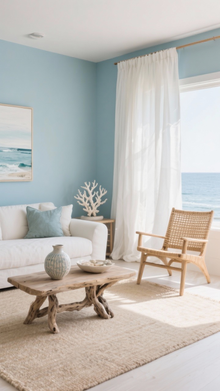 Wide shot: Modern coastal living room with soft blue walls, sandy beige rug, warm white linen curtains, rattan accent chair, driftwood-toned coffee table, and ceramic decor. Include just one or two coastal nods—a small coral sculpture and a restrained seascape art piece. Breezy natural daylight filtering through flowy linen curtains. Perspective: airy corner angle.