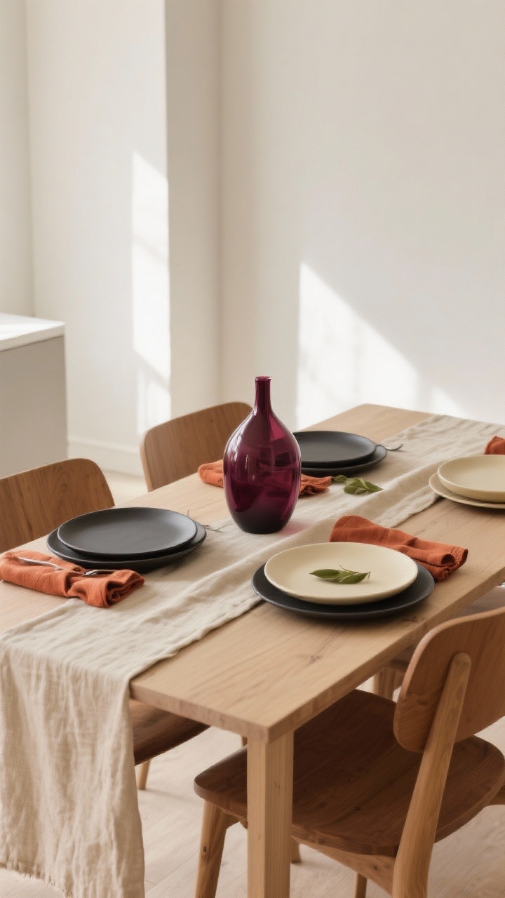 Wide shot, modern dining table styled with a warm minimalist color palette: oatmeal linen runner over light wood, matte black ceramic plates paired with cream side plates, rust linen napkins, olive and terracotta accents, soft charcoal touches, and a single deep berry glass vase for a pop; cohesive 2–3 tones repeated; soft natural afternoon light, clean background, no people.