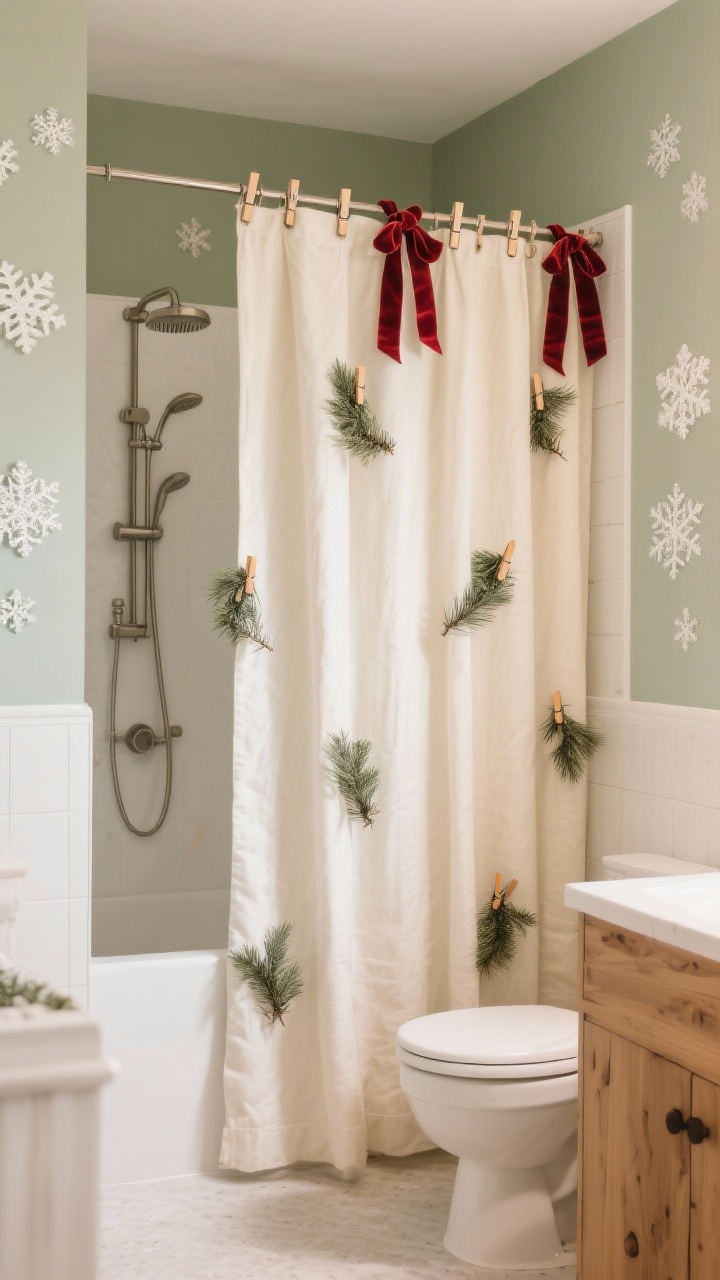 Wide shot of a bathroom featuring a statement shower curtain: neutral ivory curtain dressed with clip-on faux pine sprigs along the top edge using mini clothespins; velvet ribbon loops in deep red replacing standard hooks; surrounding wall framed with removable snowflake decals; palette stays neutrally festive with ivory, soft green, and wood tones; balanced composition with warm, diffuse lighting, photorealistic.