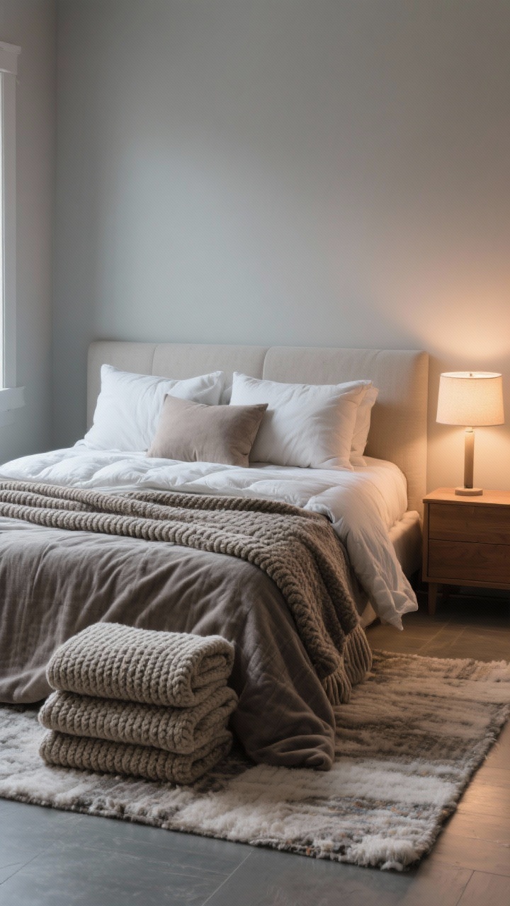 Wide shot of a cozy bedroom layered for winter: flannel sheets on the bed, a down or down-alternative duvet inside a textured cover, a folded waffle or cable-knit blanket at the foot, and pillow stack (two sleeping, two euro shams, one lumbar) arranged neatly; a soft rug at the bedside over cool flooring; warm bedside lamp glow for nighttime calm; photorealistic.