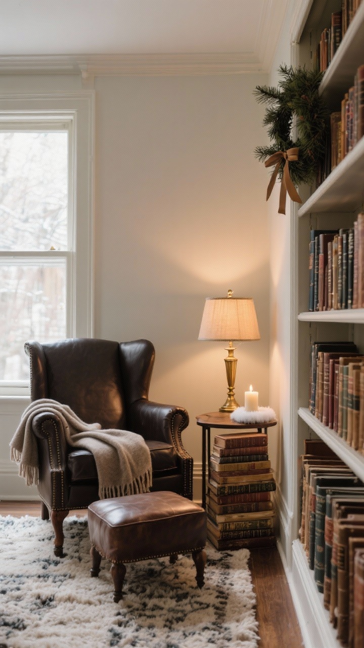 Wide shot of a cozy library corner: a wingback chair in dark leather with a draped cashmere throw, brass library lamp casting warm layered light, a small side table stacked with worn-spine hardcovers and a winter candle; wool rug underfoot, leather footstool in front; a narrow bookcase with a ribbon-tied sprig of pine or mini wreath on its edge; intimate, inviting, no people.