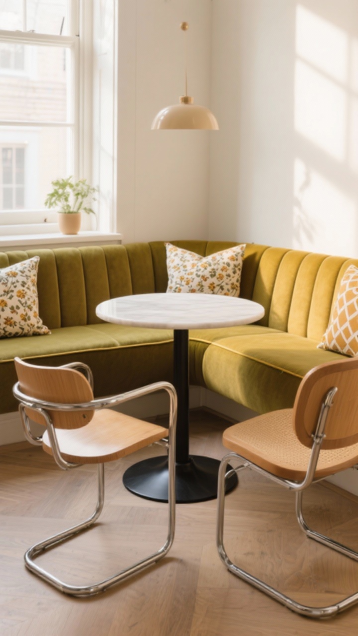 Wide shot of a cozy seating nook: a round pedestal table surrounded by a mix of bentwood and tubular chrome chairs, a built-in banquette upholstered in mustard or olive with piping detail, and patterned cushions in micro-florals and small geometrics tying in the warm palette; soft morning light, inviting social vibe, no people.