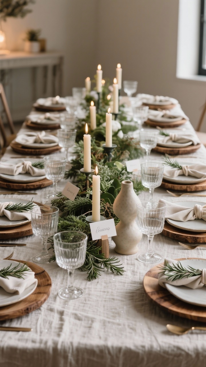 Wide shot of a curated winter tablescape: textured cloth base with wood chargers, stacked plates, ribbon-tied napkins, and layered glassware; center features mixed greenery, staggered candle heights, and a sculptural ceramic element; delicate place cards and a sprig of rosemary at each setting; ensure open sight lines and space for serving dishes; warm, intimate lighting.