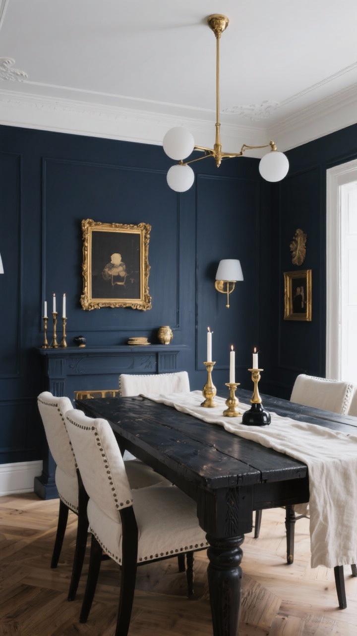 Wide shot of a dining room styled in a moody winter palette: deep navy walls, warm brass accents, and cream textiles; charcoal wood table with linen-toned runners and black details; warm antique gold frames and brass candleholders; calm, chic mood with warm white ambient lighting; include wood tones to soften the cool colors.
